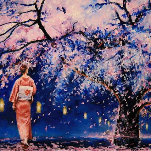 油彩画『夜桜艶歌』