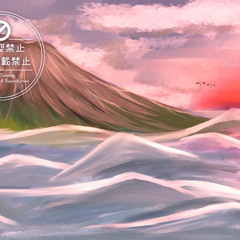 夕暮れの海と山を描いた風景イラスト制作実績