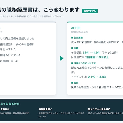 営業職の職務経歴書 添削の前と後（サンプル）