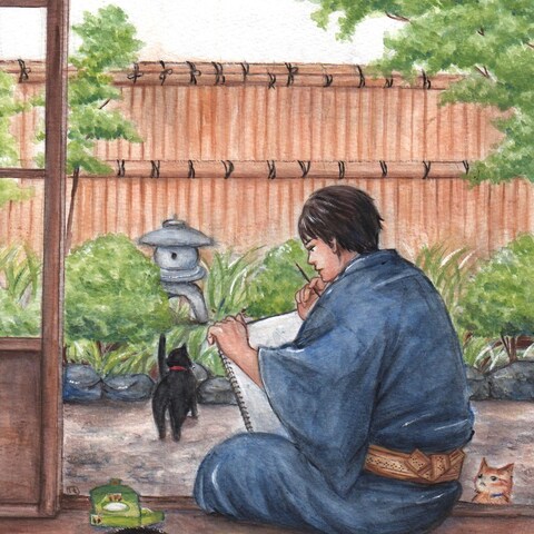 和服男性と猫　