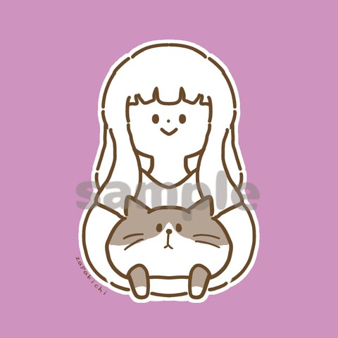 紫色の背景でねこちゃんと一緒の女の子