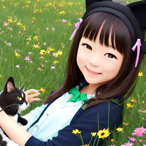 草原で猫と遊ぶ猫耳をつけた女の子♥