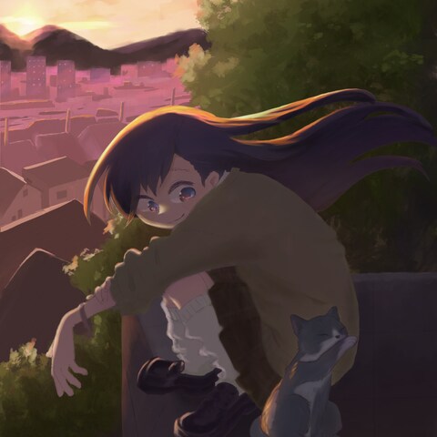 夕焼けと女の子とネコ(趣味絵)