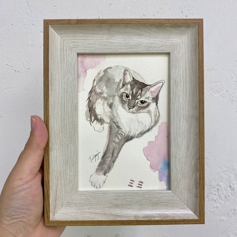 猫　イラスト　似顔絵ツリガネニンジン　水彩画　
