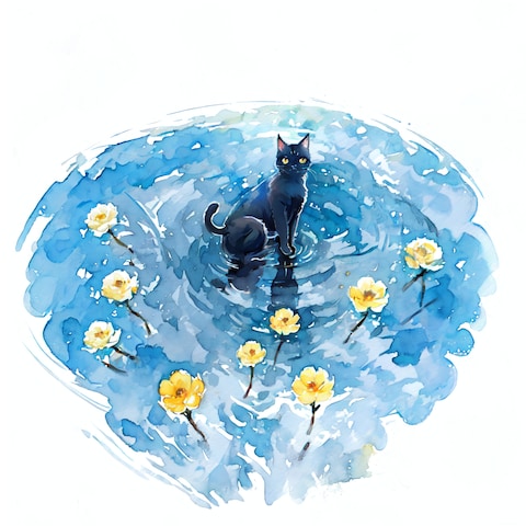 黒猫の水彩画風イラスト