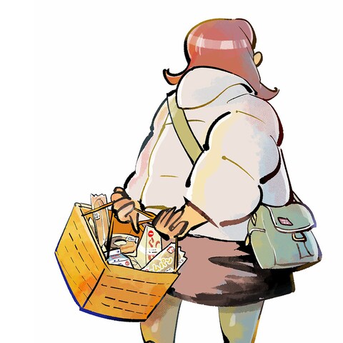 カートゥーン調の全身フルカラースケッチ（コンビニのお客さん）