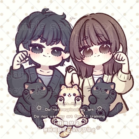 男女と猫ちゃん3匹のペア画イラスト