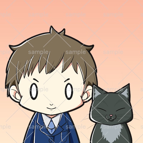 男性と動物似顔絵