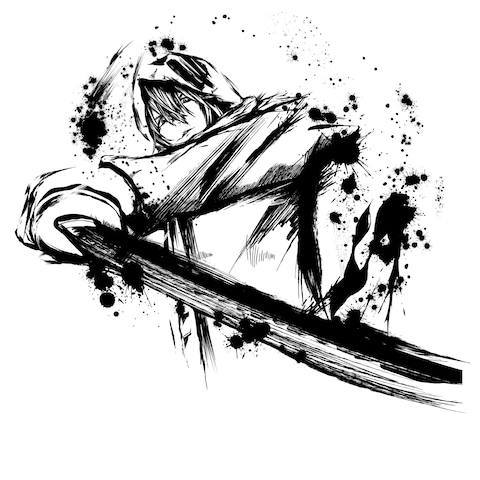 剣士の男 - キャラクター墨絵