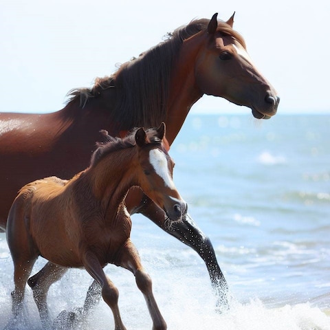 海辺で遊ぶ馬の親子