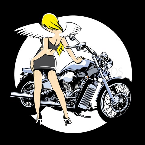 オートバイと背中に羽根のある女性のイラスト