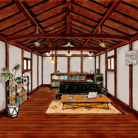 自邸事務所リノベ完成イメージ内観パース(手描き)