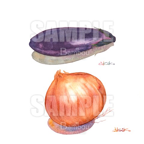 水彩イラスト｜野菜・くだもの（茄子・玉ねぎ）