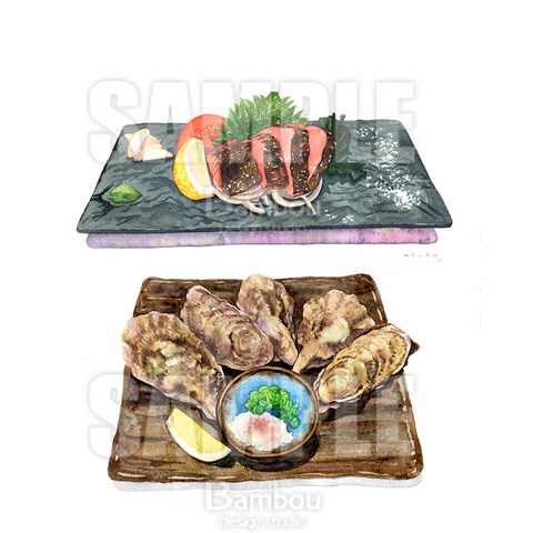 水彩イラスト｜料理（鰹のたたき・焼き牡蠣）