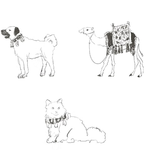 線画の動物たち（犬、猫、ラクダ）