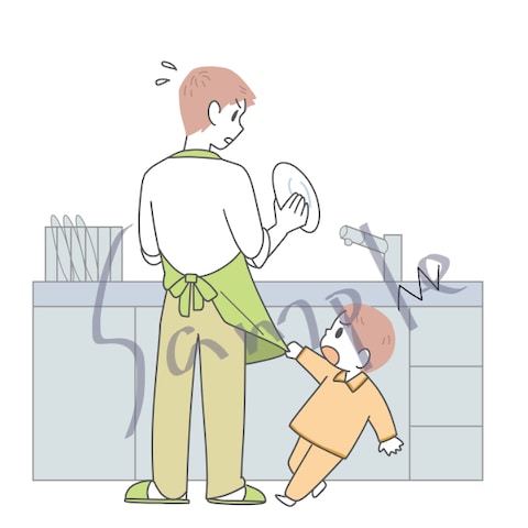 家事をするお父さんと小さな子供