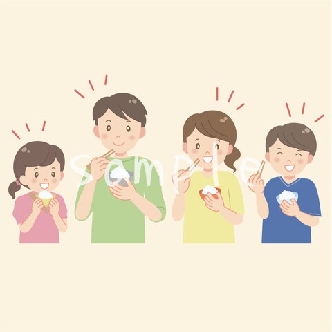炊きたてご飯をおいしそうに食べる家族