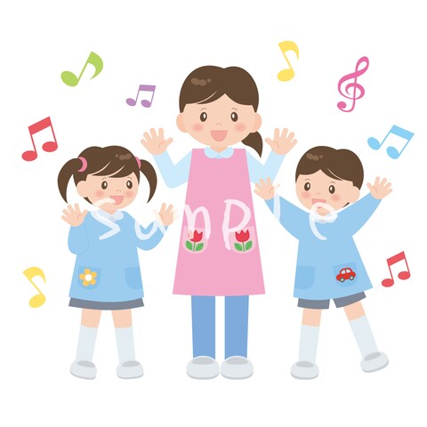 リトミックをする幼稚園の先生と幼稚園児