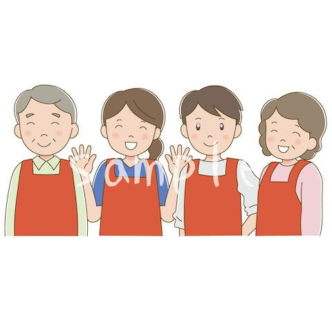 エプロン姿の老若男女スタッフ