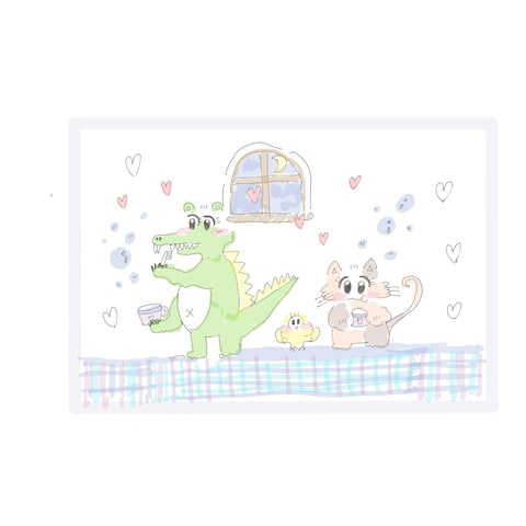 歯磨きをしてるワニさんとひよこさんと猫さん。