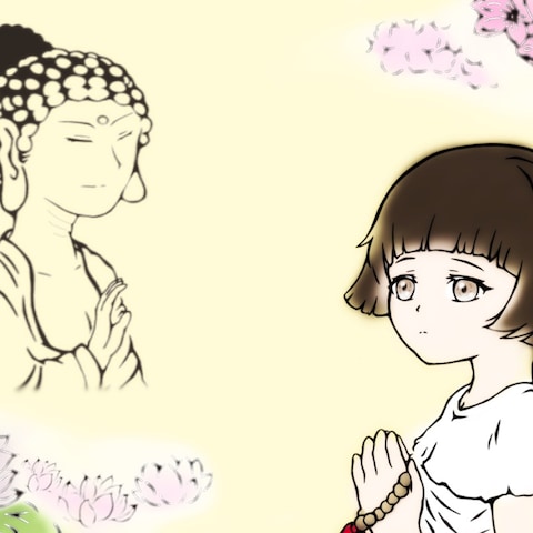 少女と仏様のイラスト