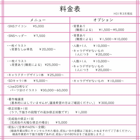 イラスト制作料金表
