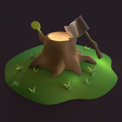3Dイラスト・木の株と斧（ゲームアセットをイメージ）