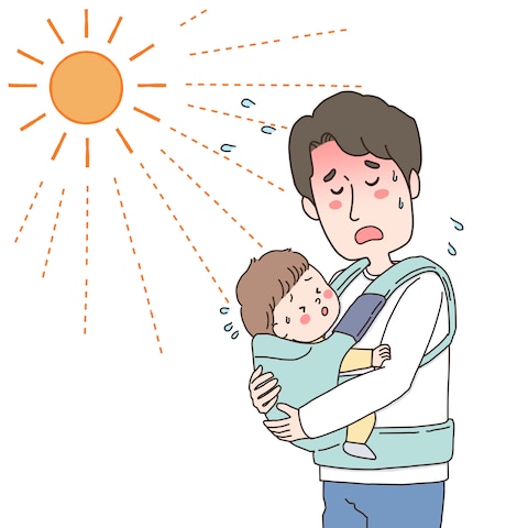 暑い中、赤ちゃんを抱っこする父親のイラスト