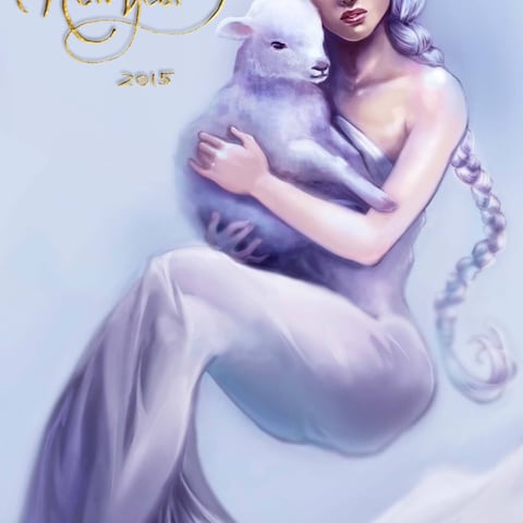 子羊を抱く女性(年賀状)