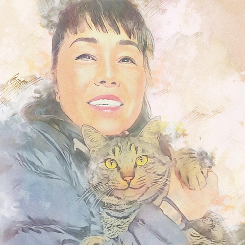 猫と女性の似顔絵