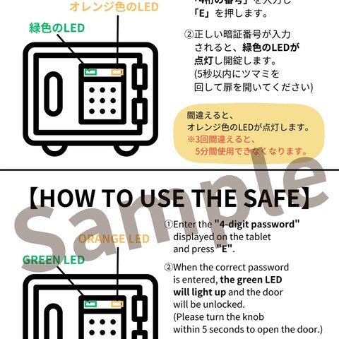ゲストハウス室内のPOP（金庫の使い方）