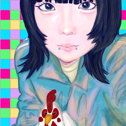 自画像 (ニワトリのぬいぐるみを添えて)