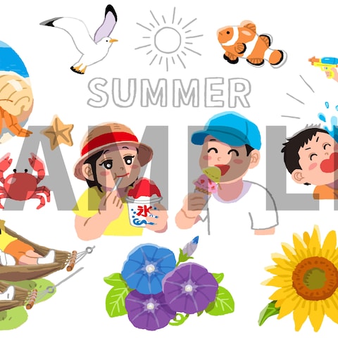 夏休みを満喫する子供のイラストセット（PIXTAにて公開中）