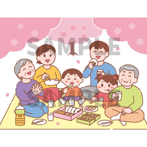 お花見をする家族のイラスト