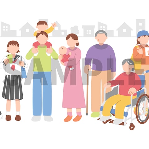 住宅街と複数の人物イラスト