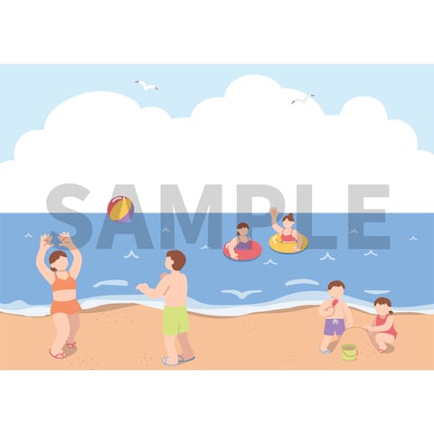 海水浴を楽しむ人達の風景イラスト