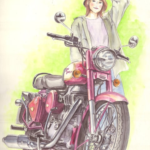 バイク女子水彩イラスト