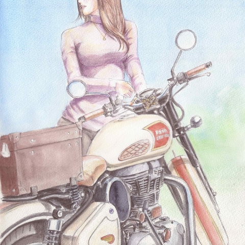 バイク女子水彩イラスト