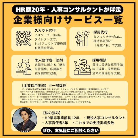 企業様向け提供サービス｜HR歴20年の実戦経験を貴社へ。
