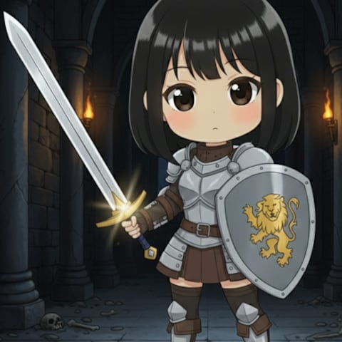 ダンジョンで剣を構える女騎士