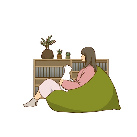 のんびり猫とお家時間を過ごす女性イラスト