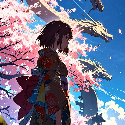 　桜と龍と少女の物語｜幻想的なAIイラスト