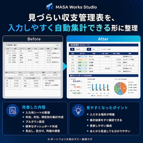 見づらい収支管理表を、入力しやすく自動集計できる形に整理