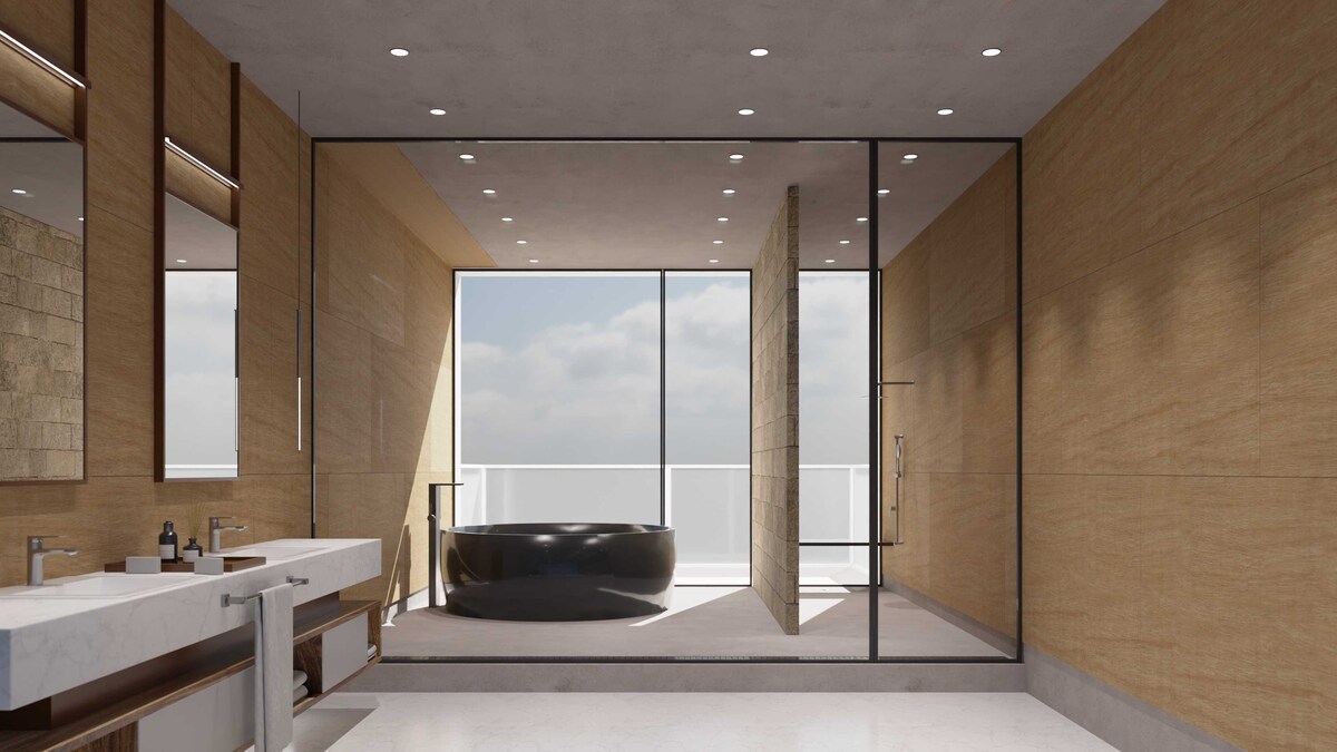 建築3DCGパース【高層階から景色を見渡せる浴室】