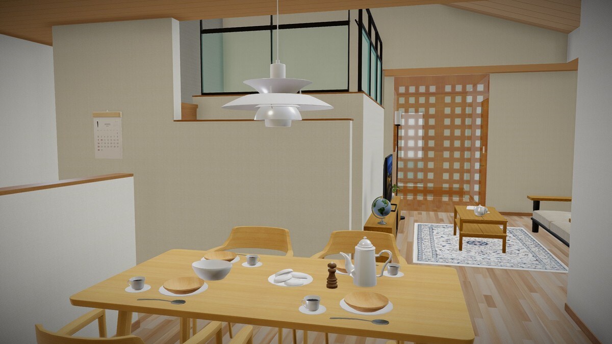 スキップフロアのある回遊動線の二人で住まう平屋の間取り　③