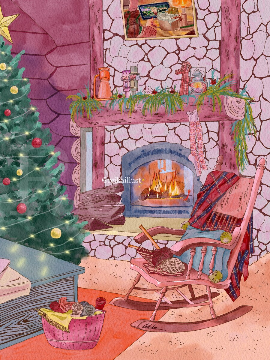 「クリスマスの準備」水彩イラスト