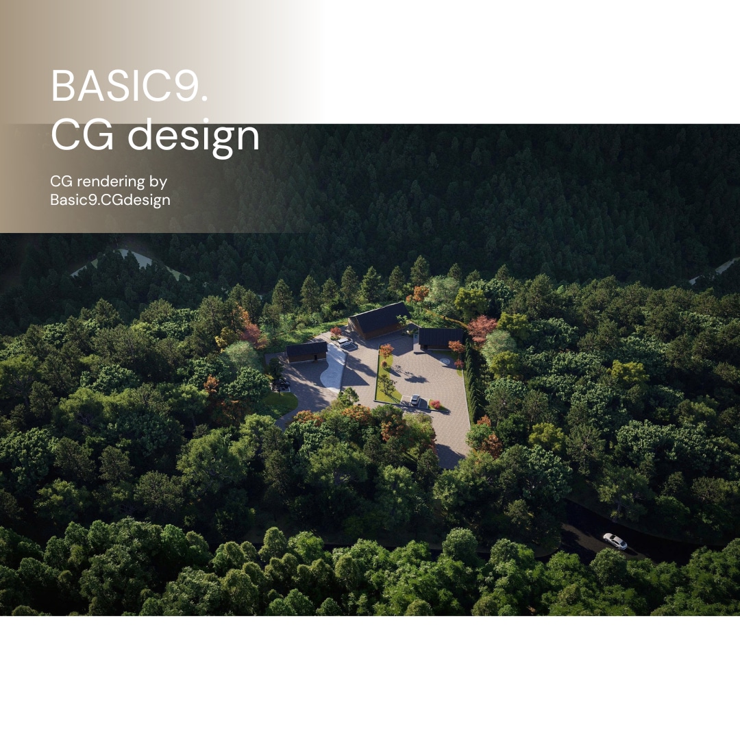 森林に溶け込む建築計画の鳥瞰パース｜Basic9studio