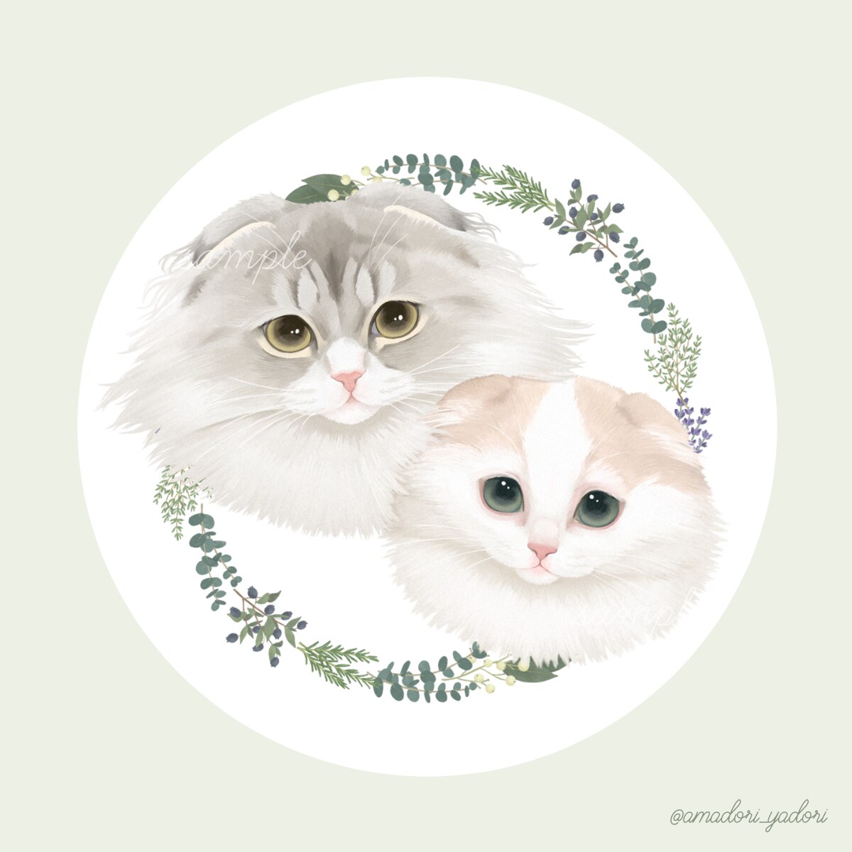 親子のように仲良しな猫ちゃんのツーショット似顔絵