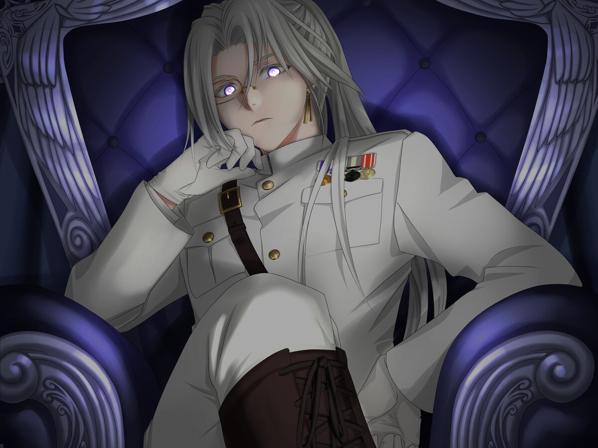 玉座でふんぞりかえる軍服姿の男性