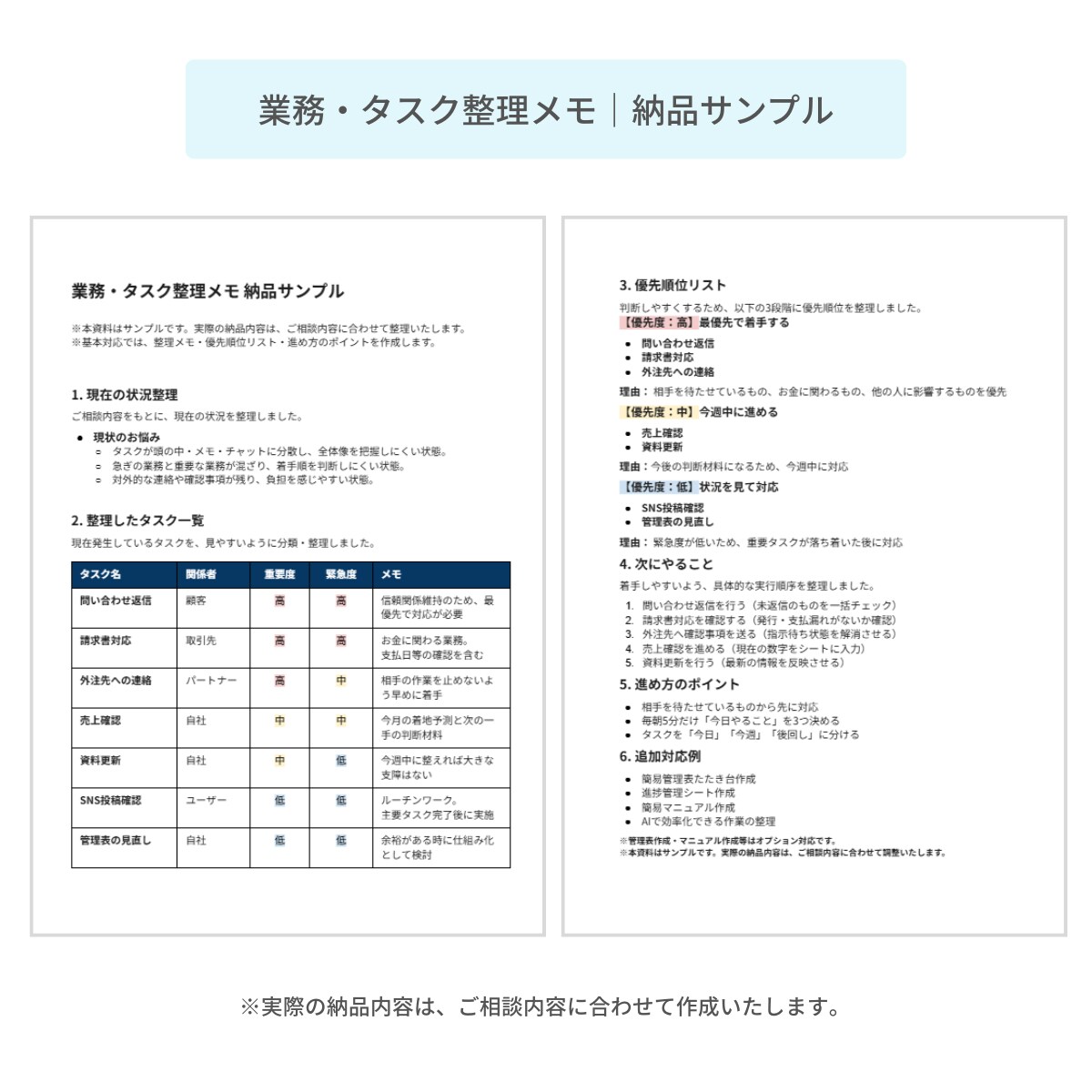 業務・タスク整理メモ納品サンプル